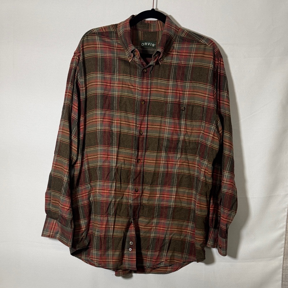 Orvis Men's Casual Plaid Shirt - Olive and Rust (20% Wool/80% Cotton)